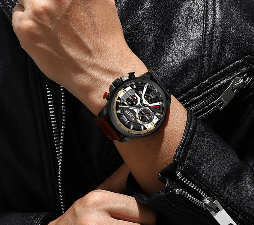 Men's Sports Waterproof Watch With Leather Belts, Chronometers And Large Numbers Details Luxury Watches Unique Design Excellent Gift Stevvex