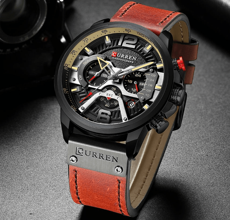 Men's Sports Waterproof Watch With Leather Belts, Chronometers And Large Numbers Details Luxury Watches Unique Design Excellent Gift Stevvex