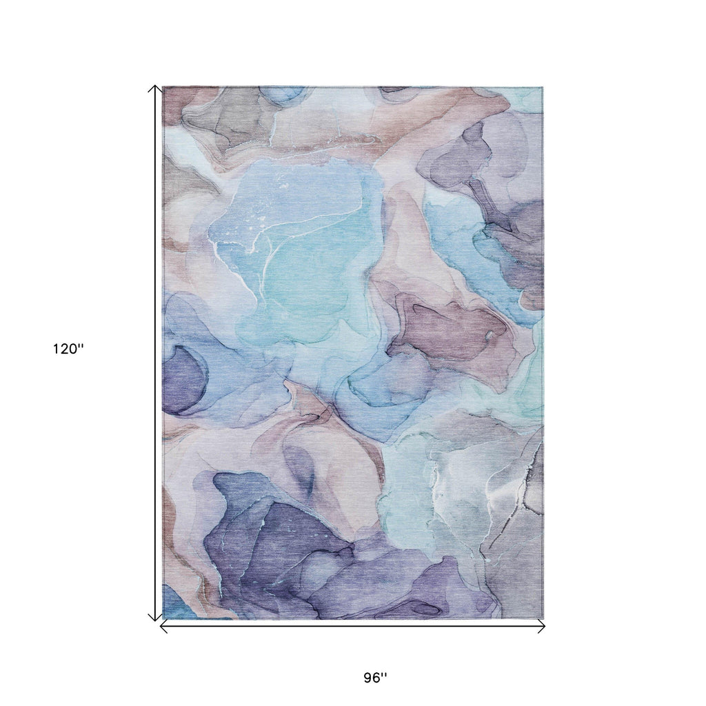 8' X 10' Blue Abstract Washable Non Skid Indoor Outdoor Area Rug