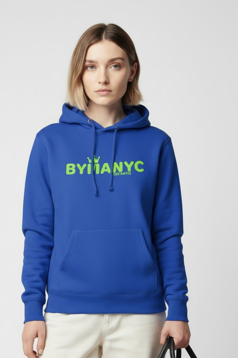 Close-up of the model wearing Unisex Organic Sweatshirt LOVE HARLEM – BYMANYC ® New York | Ethical Urbanwear