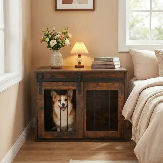 Dog Crate Furniture Heavy Duty Dog Kennel with Sliding Barn Door-Rustic Brown - Color: Rustic Brown UNIQUE ITEMS PLUS2