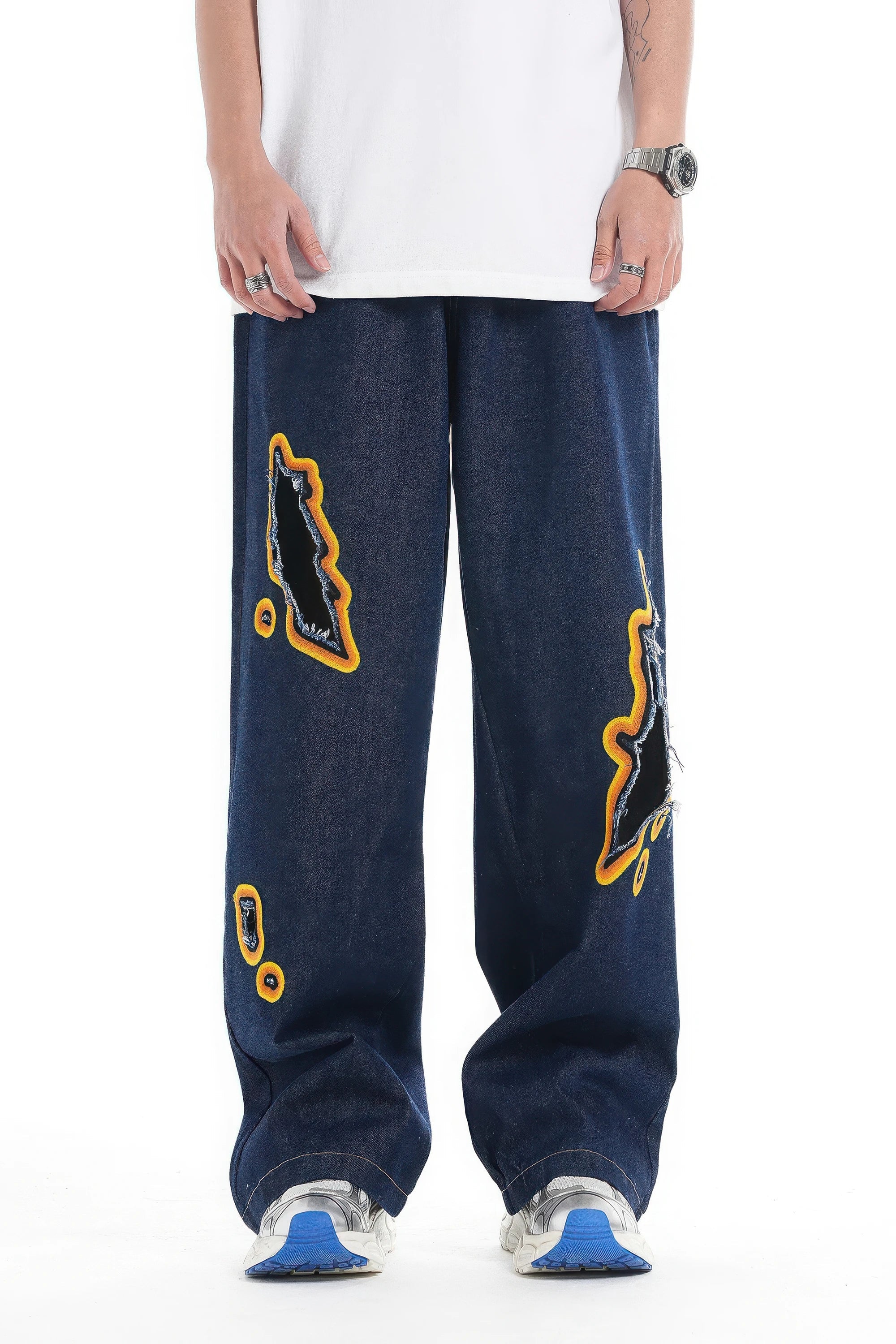 Flame Burnout Distressed Denim Jeans – Bold, Street Style Design