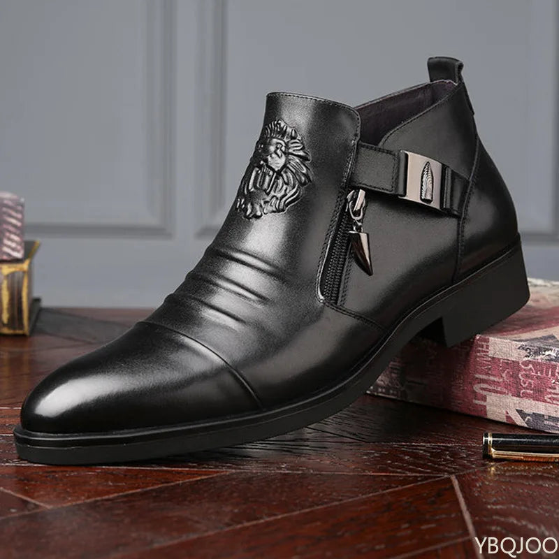 Winter Men's Elegant Boots Ankle non slip Leather Shoes British Zip Black Knight boots Pointed Punk Platform male Booties Botas Shop1104108994 Store