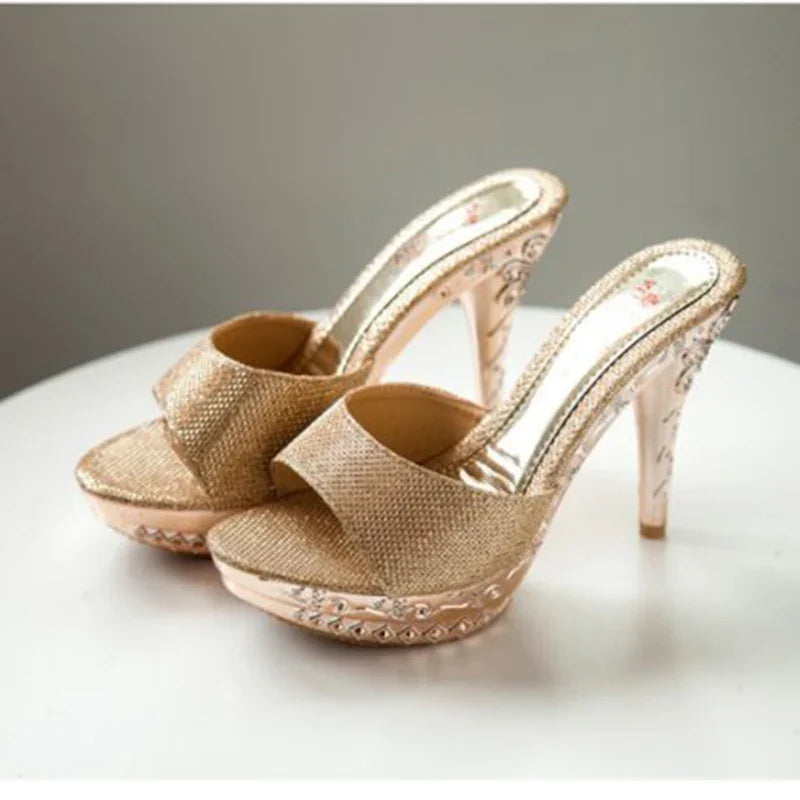 Summer Women Sandals Rhinestone Women Shoes Sexy High Heels Shoe Ladies Sandalias Gold Silver Women Slippers Heeled Sandals Sexy MIAOGUAN Store