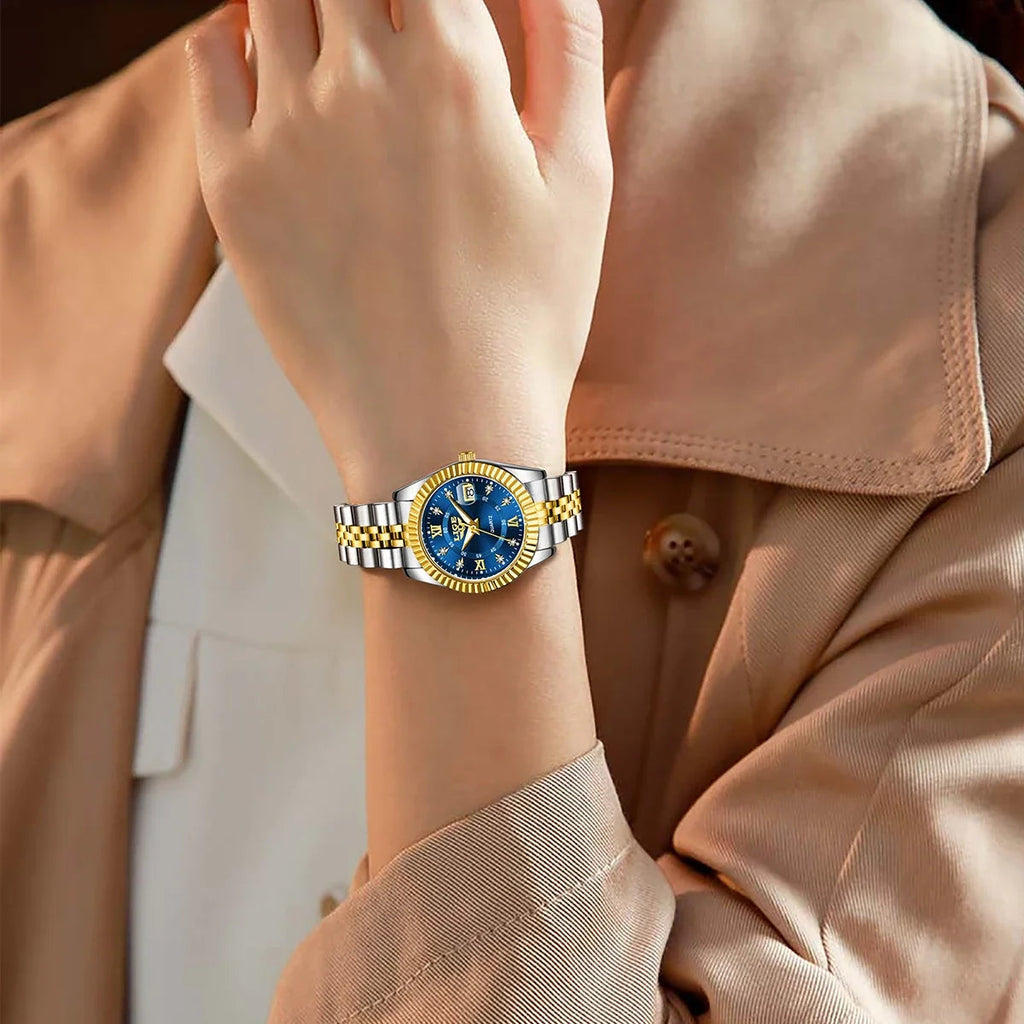 Women's Two Tone Stainless Steel Date Watch Elegant Quartz BandsCo Straps