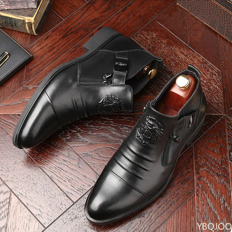 Winter Men's Elegant Boots Ankle non slip Leather Shoes British Zip Black Knight boots Pointed Punk Platform male Booties Botas Shop1104108994 Store