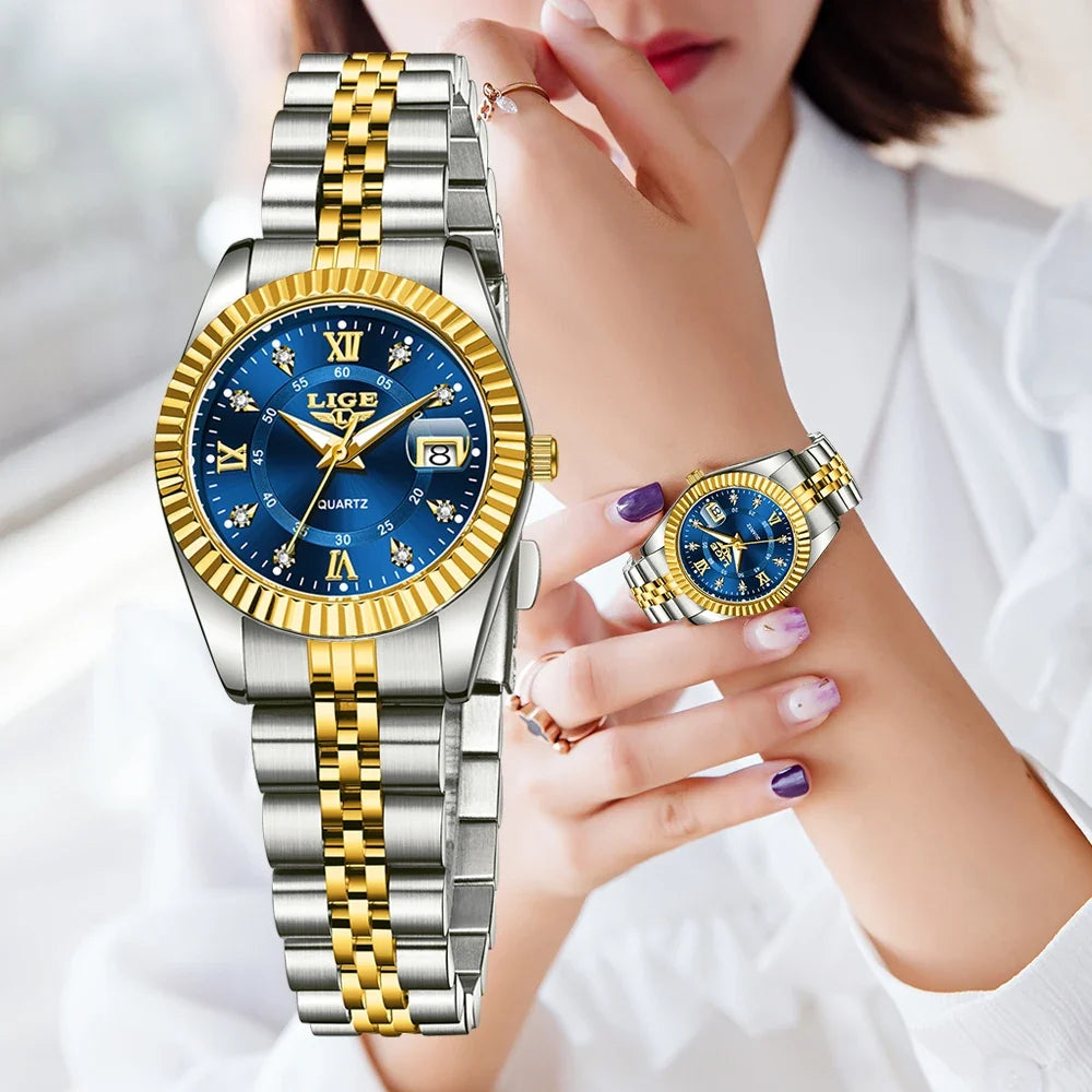 Women's Two Tone Stainless Steel Date Watch Elegant Quartz BandsCo Straps