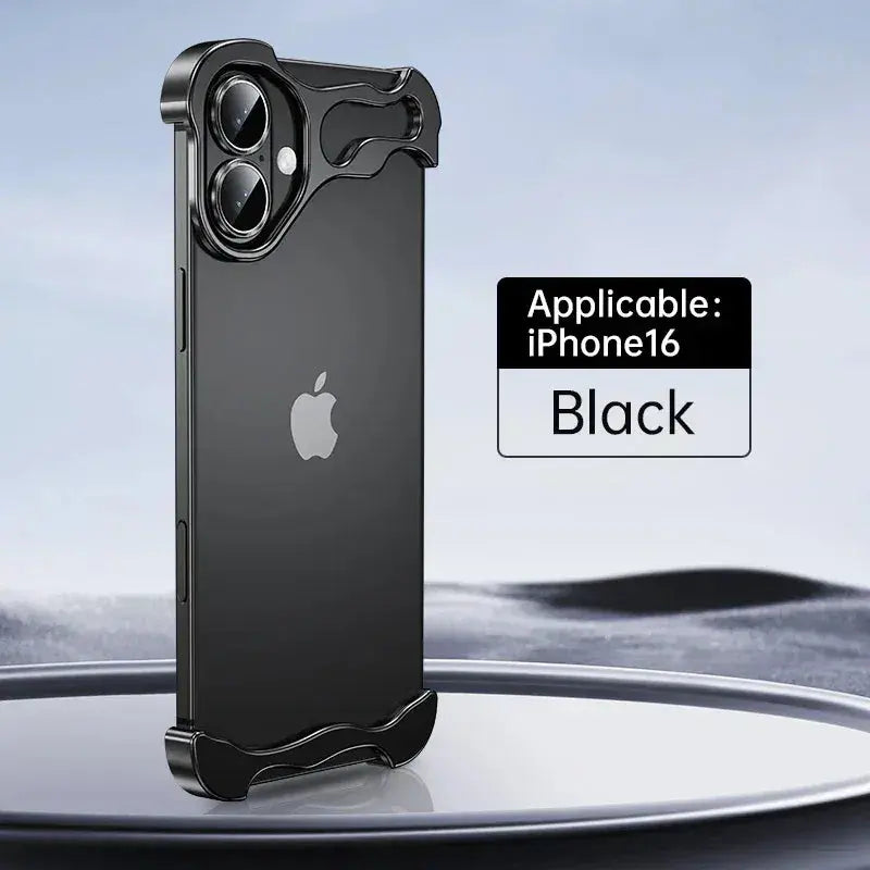 Color: Silver, Material: Nylon - Aluminum Metal Rimless Phone Case for iPhone 16 15 14 Plus 13 12 Pro Max Lens Protective Film Hollow Logo Cooling Accessory Case SAMULING