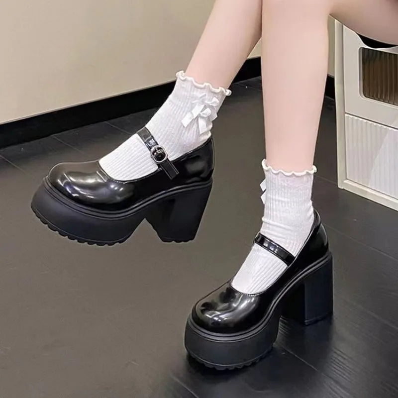 High Heels Mary Janes Shoes Autumn 2024 Patent Leather Heeled Shoes Woman Chunky Platform Ankle Strap Pumps for Women