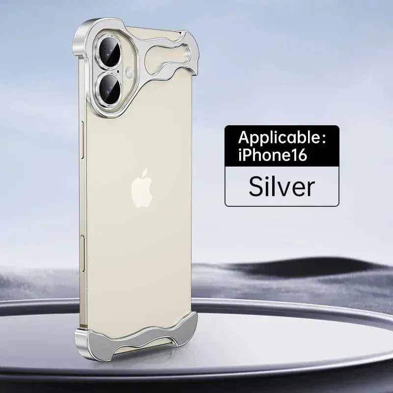 Color: Silver, Material: Nylon - Aluminum Metal Rimless Phone Case for iPhone 16 15 14 Plus 13 12 Pro Max Lens Protective Film Hollow Logo Cooling Accessory Case SAMULING