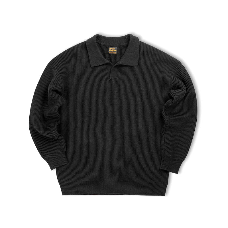 Maden Retro Polo Neck Knit Vertical Woven Polo Shirt Lazy Pullover Sweater Men's Autumn and Winter Lapel Soft Warm