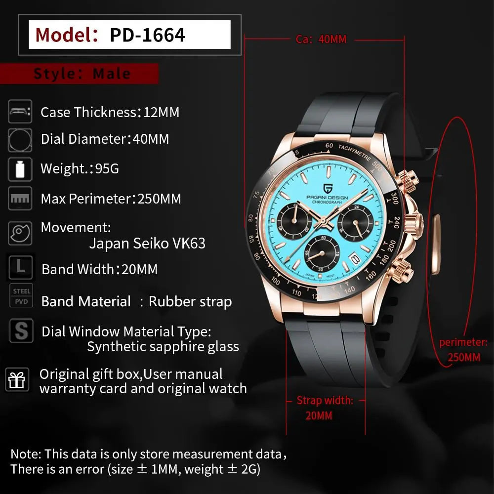 PAGANI DESIGN Mens Chronograph Quartz Watch Waterproof Wristwatch S And B Enterprise