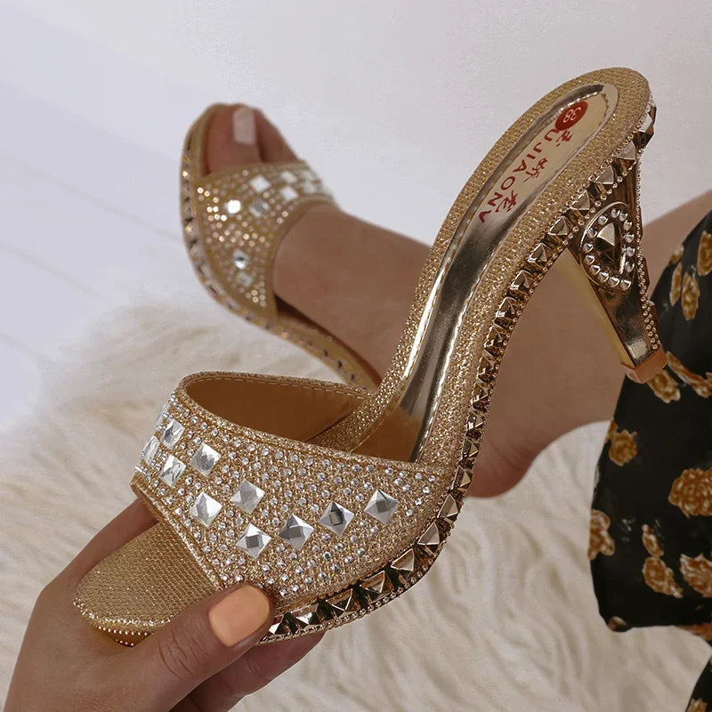 Summer Women Sandals Rhinestone Women Shoes Sexy High Heels Shoe Ladies Sandalias Gold Silver Women Slippers Heeled Sandals Sexy MIAOGUAN Store