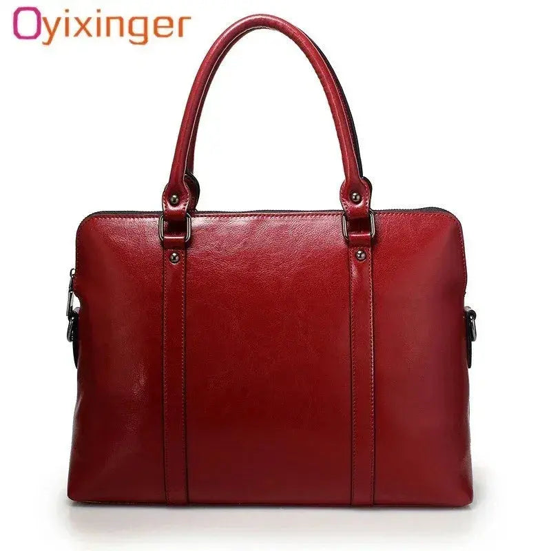 Color: Red - Oyixinger New 100% Genuine Leather Briefcase For Woman 14 inch Laptop Bag Women's Handbags Office Ladies Shoulder Messenger Bags Oyixinger