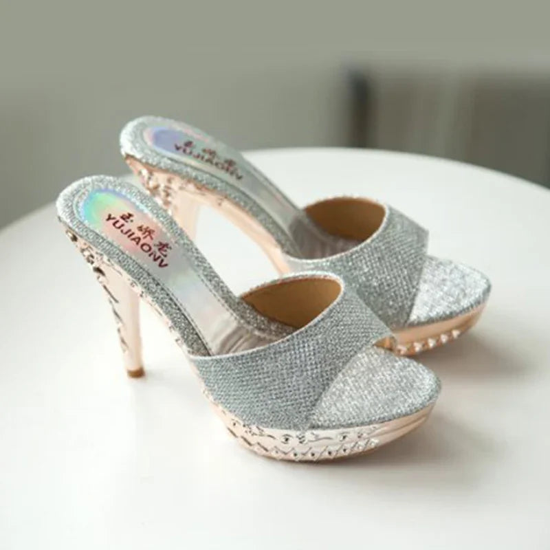 Summer Women Sandals Rhinestone Women Shoes Sexy High Heels Shoe Ladies Sandalias Gold Silver Women Slippers Heeled Sandals Sexy MIAOGUAN Store