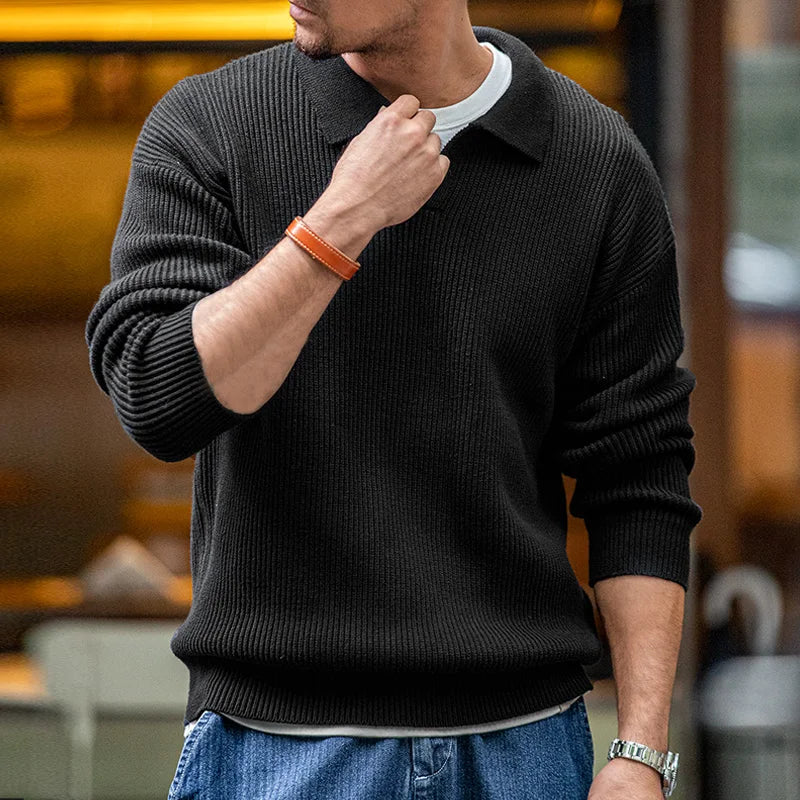 Maden Retro Polo Neck Knit Vertical Woven Polo Shirt Lazy Pullover Sweater Men's Autumn and Winter Lapel Soft Warm