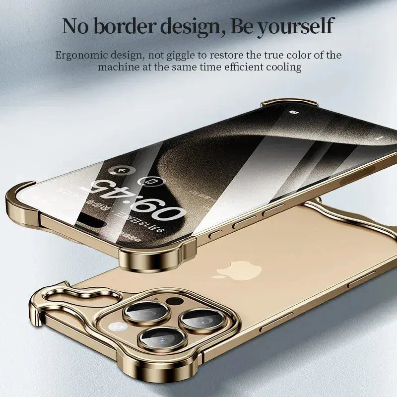 Color: Silver, Material: Nylon - Aluminum Metal Rimless Phone Case for iPhone 16 15 14 Plus 13 12 Pro Max Lens Protective Film Hollow Logo Cooling Accessory Case SAMULING