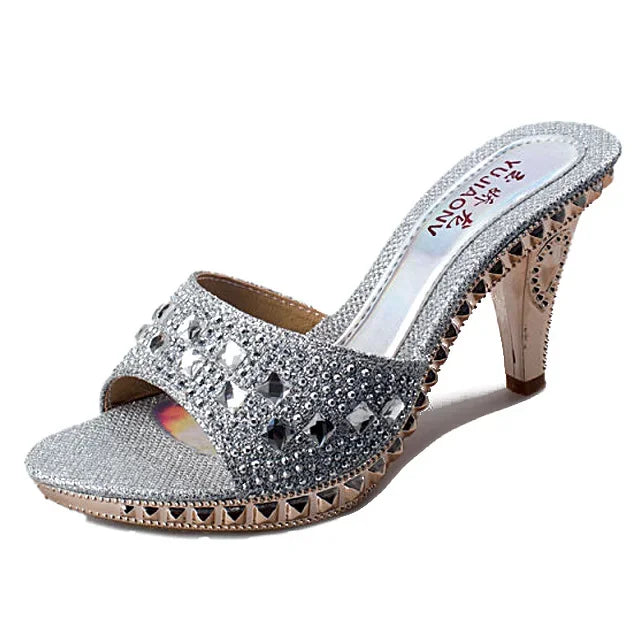 Summer Women Sandals Rhinestone Women Shoes Sexy High Heels Shoe Ladies Sandalias Gold Silver Women Slippers Heeled Sandals Sexy MIAOGUAN Store