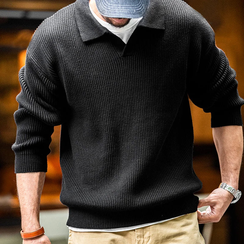 Maden Retro Polo Neck Knit Vertical Woven Polo Shirt Lazy Pullover Sweater Men's Autumn and Winter Lapel Soft Warm