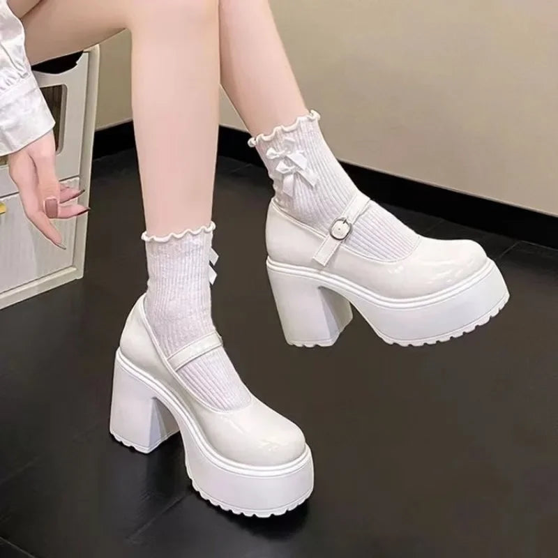 High Heels Mary Janes Shoes Autumn 2024 Patent Leather Heeled Shoes Woman Chunky Platform Ankle Strap Pumps for Women