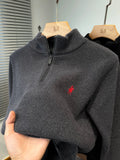 Luxury brand zipper semi high neck sweater men's high-end fashion ponytail golf embroidery winter new velvet warm knit pullover