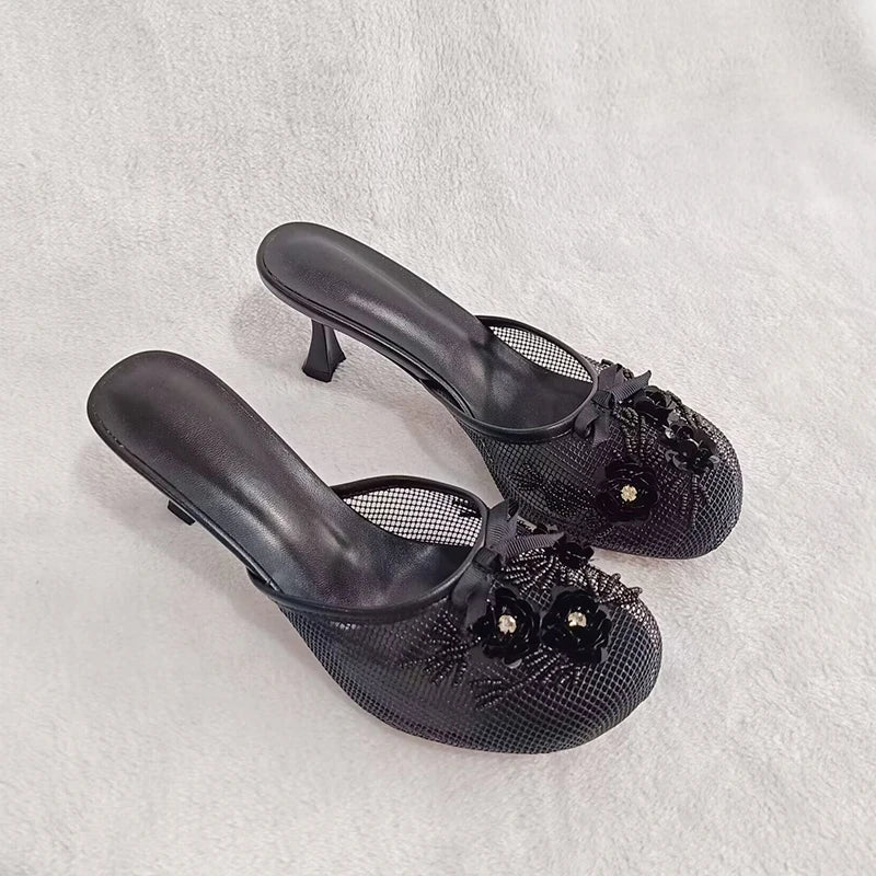 Summer mesh flower beads women slides sexy thin heel sandals