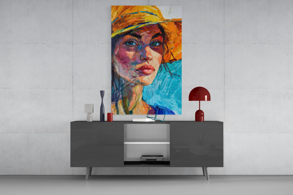 Woman in Orange Hat Glass Wall Art || Designer Collection - UNIQUE ITEMS PLUS2