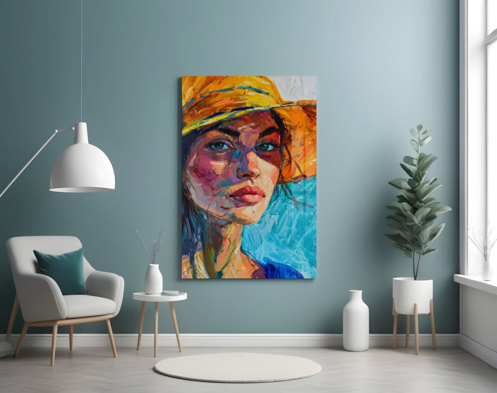 Woman in Orange Hat Glass Wall Art || Designer Collection - UNIQUE ITEMS PLUS2