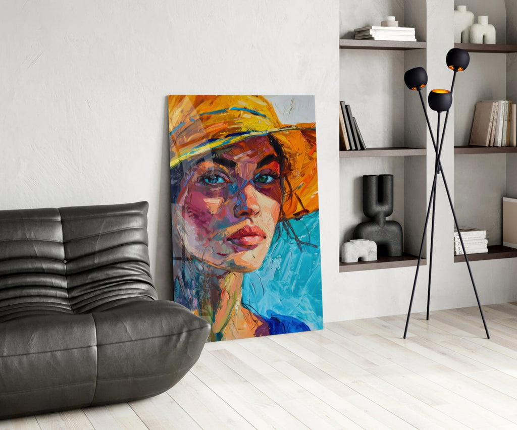 Woman in Orange Hat Glass Wall Art || Designer Collection - UNIQUE ITEMS PLUS2