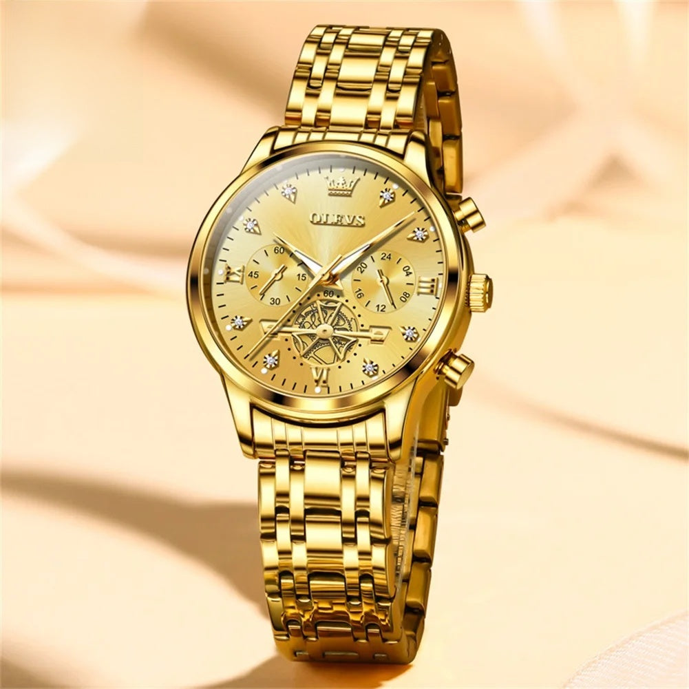 Women's Gold Stainless Steel Multifunction Quartz Watch BandsCo Straps