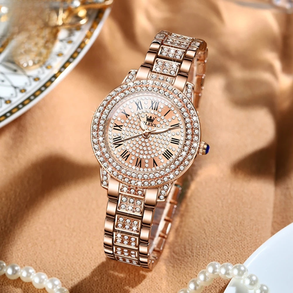 Women's Rose Gold Crystal Roman Numeral Watch Elegant BandsCo Straps
