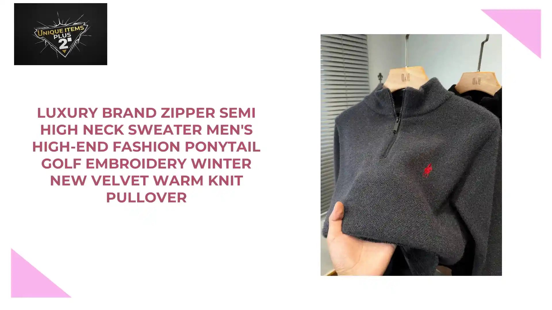 Luxury brand zipper semi high neck sweater men's high-end fashion ponytail golf embroidery winter new velvet warm knit pullover by@Outfy