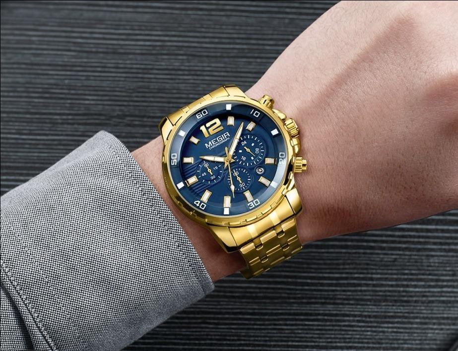 Luxury Men's Gold Business Watches Quartz Analogue Wristwatch Stainless Steel Waterproof Luminous Watch Stevvex