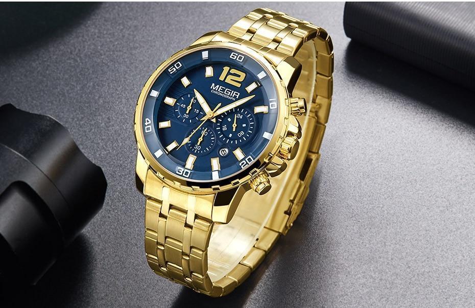 Luxury Men's Gold Business Watches Quartz Analogue Wristwatch Stainless Steel Waterproof Luminous Watch Stevvex