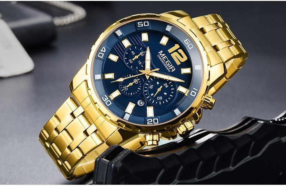 Luxury Men's Gold Business Watches Quartz Analogue Wristwatch Stainless Steel Waterproof Luminous Watch Stevvex