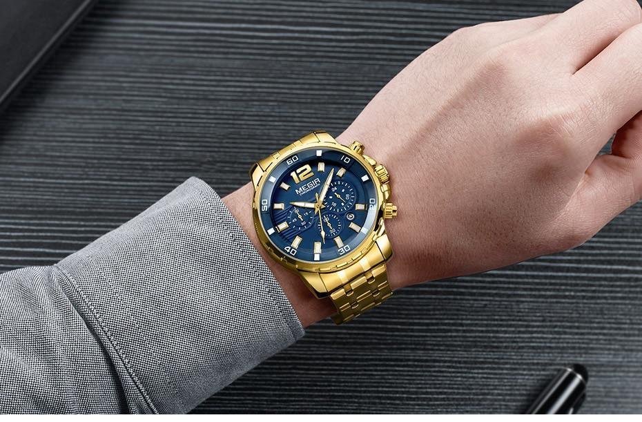 Luxury Men's Gold Business Watches Quartz Analogue Wristwatch Stainless Steel Waterproof Luminous Watch Stevvex