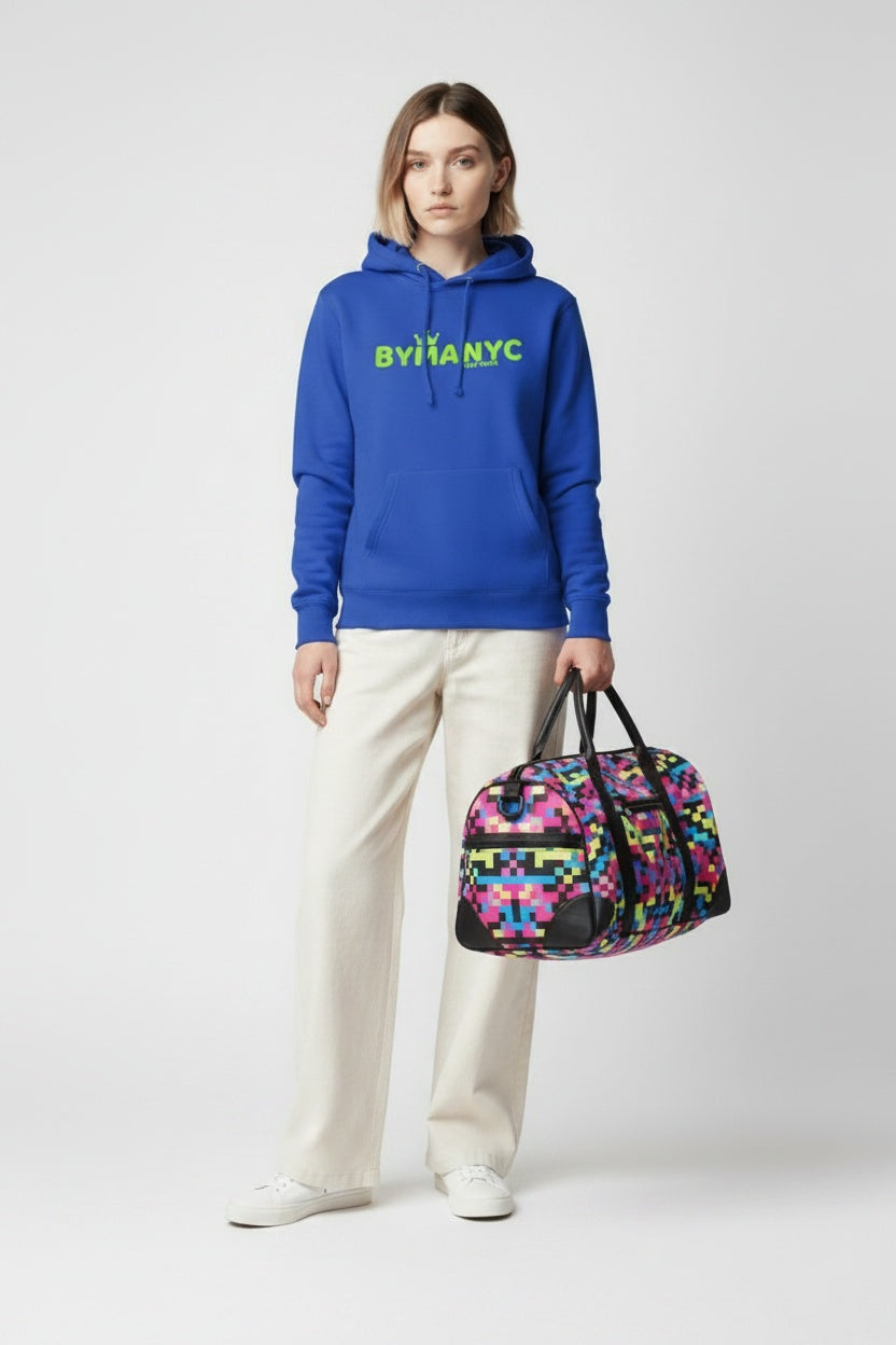 Full body view of the model wearing Unisex Organic Sweatshirt LOVE HARLEM – BYMANYC ® New York | Ethical Urbanwear